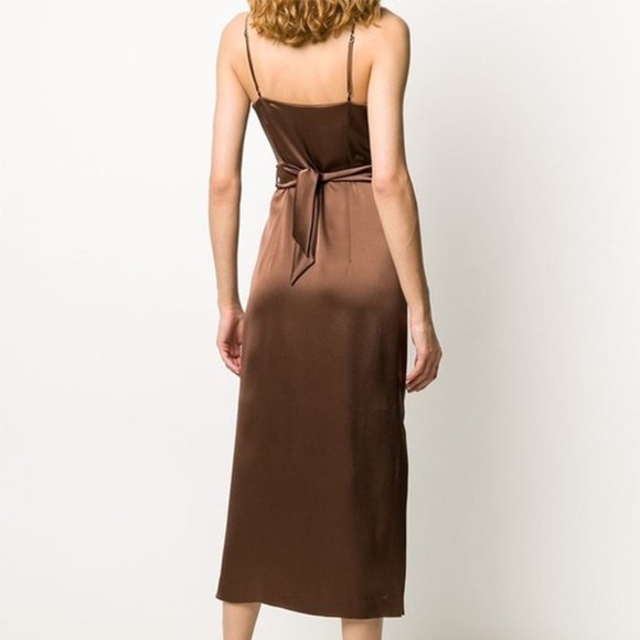 NWT Nanushka Dress Sayan Satin Spaghetti Strap Belted Wrap Tie Midi Slip Brown L - Picture 3 of 11